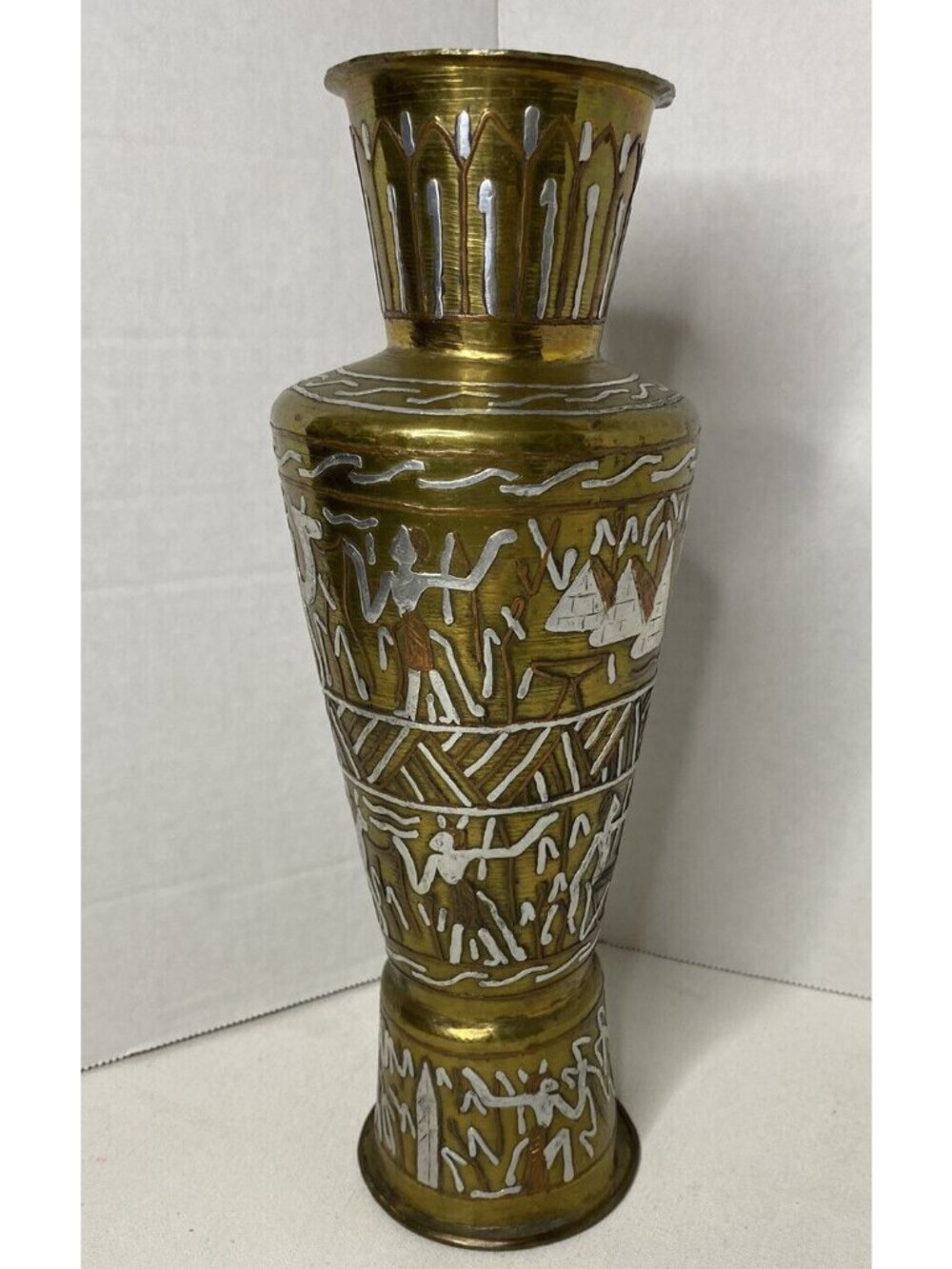 Egyptian Cairo Ware Brass Vase With Silver and Copper Inlay Design 11"